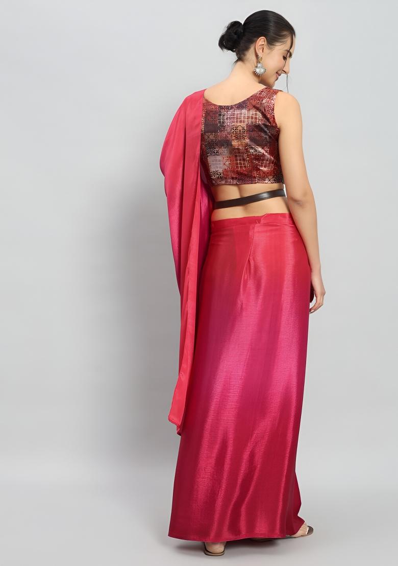 Pink Printed Chinon Saree Set - Indya