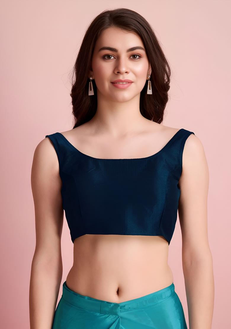 Blue Printed Chinon Saree Set - Indya