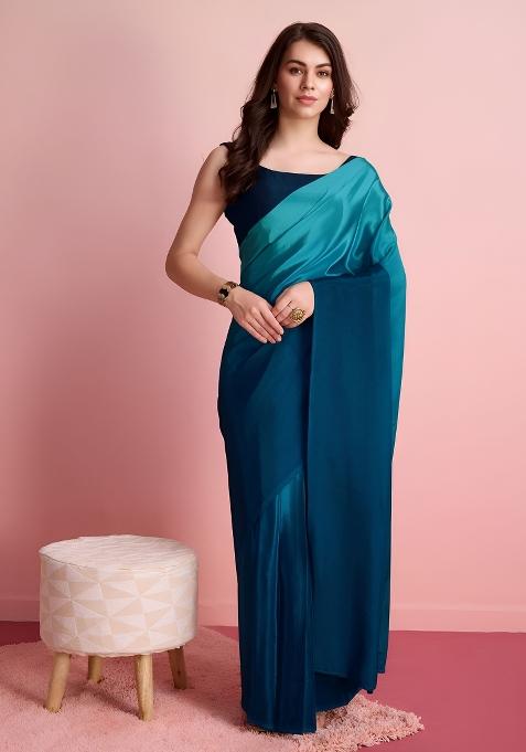Blue Printed Chinon Saree Set