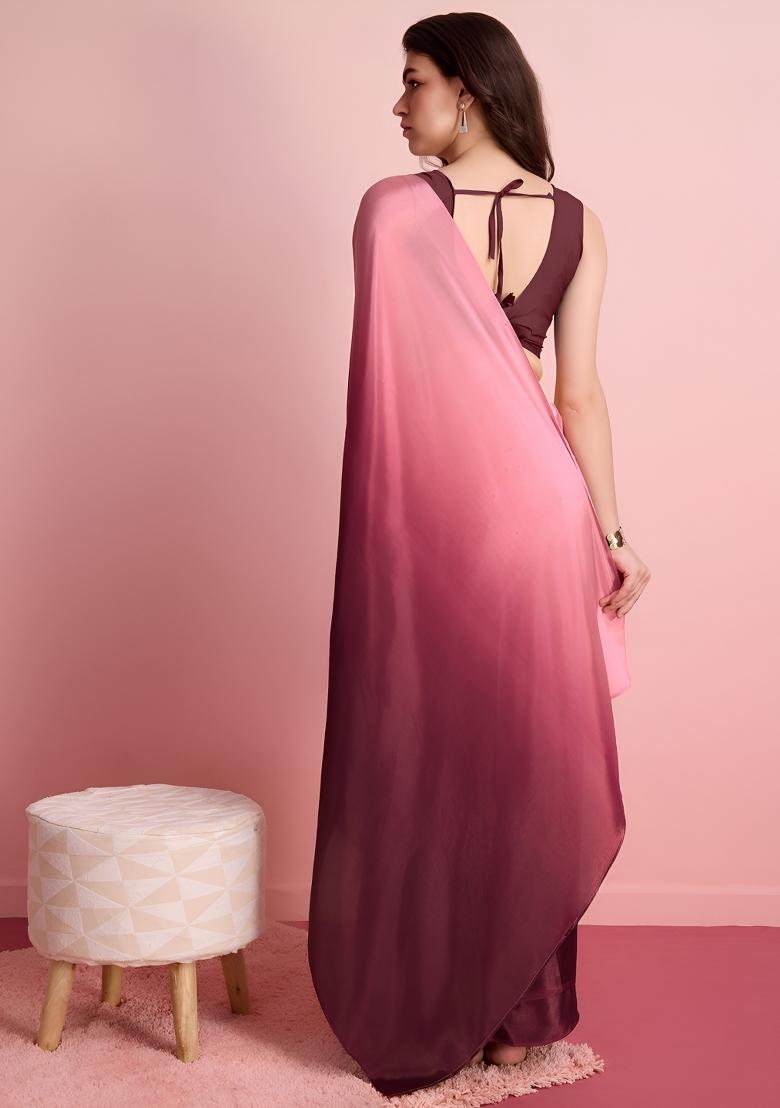 Coffee Printed Chinon Saree Set - Indya