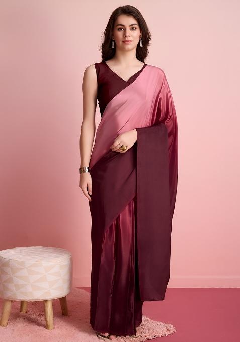 Coffee Printed Chinon Saree Set