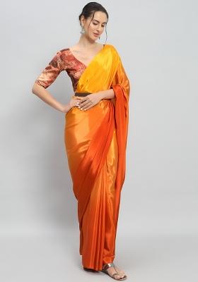 Yellow Printed Chinon Saree Set