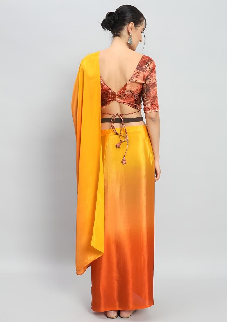 Yellow Printed Chinon Saree Set - Indya