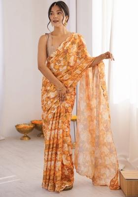 Mustard Printed Chinon Saree Set