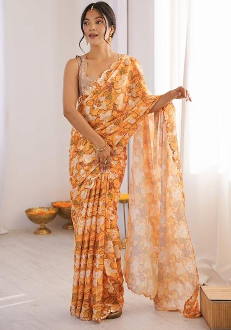 Mustard Printed Chinon Saree Set