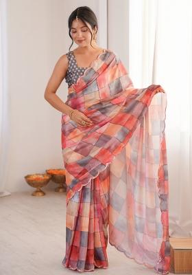 Multicolor Printed Chinon Saree Set