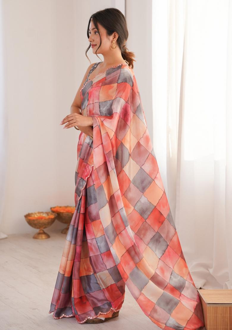 Multicolor Printed Chinon Saree Set - Indya