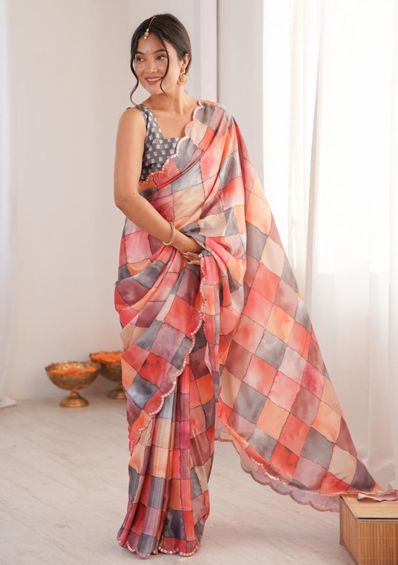 Multicolor Printed Chinon Saree Set - Indya