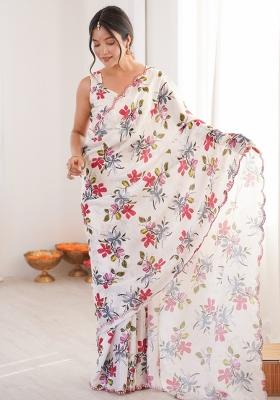 White Printed Chinon Saree Set