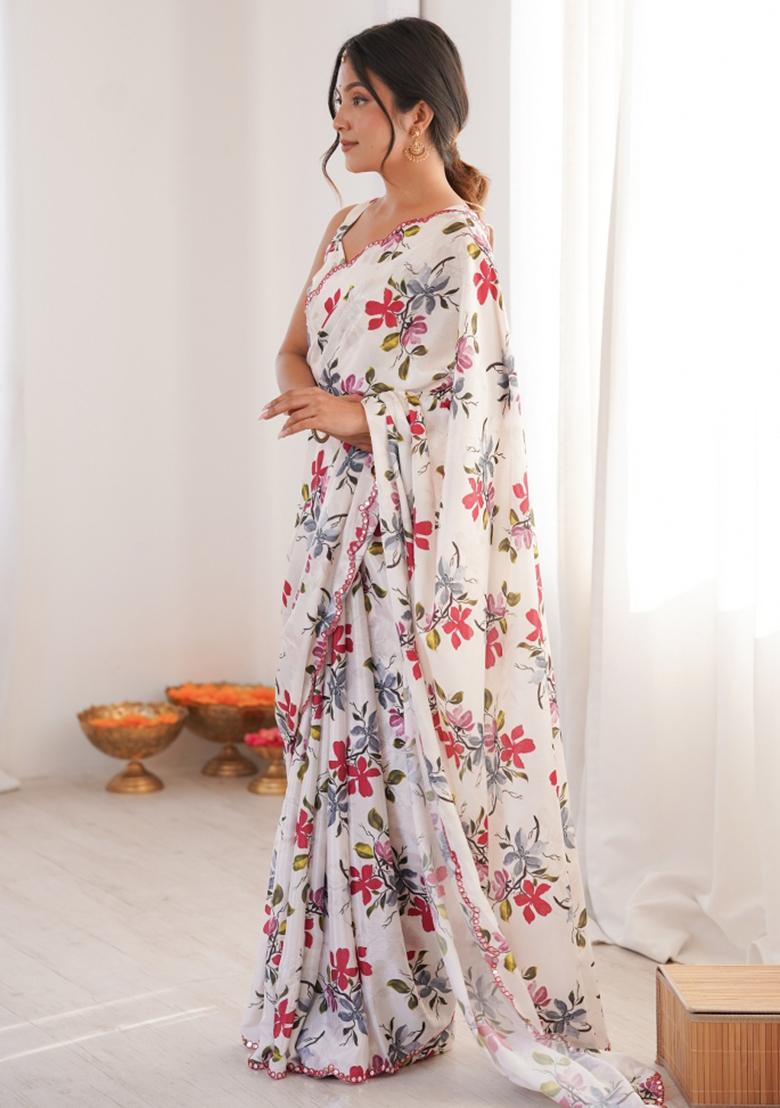 White Printed Chinon Saree Set - Indya