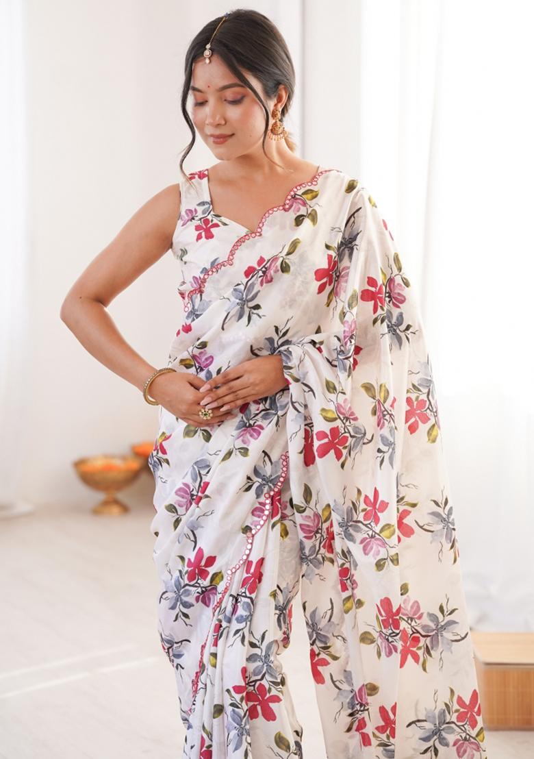 White Printed Chinon Saree Set - Indya