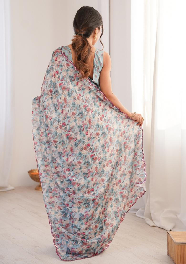 Grey Printed Chinon Saree Set - Indya