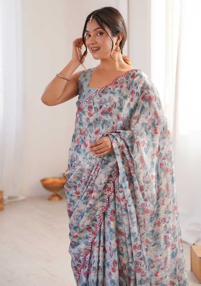 Grey Printed Chinon Saree Set - Indya