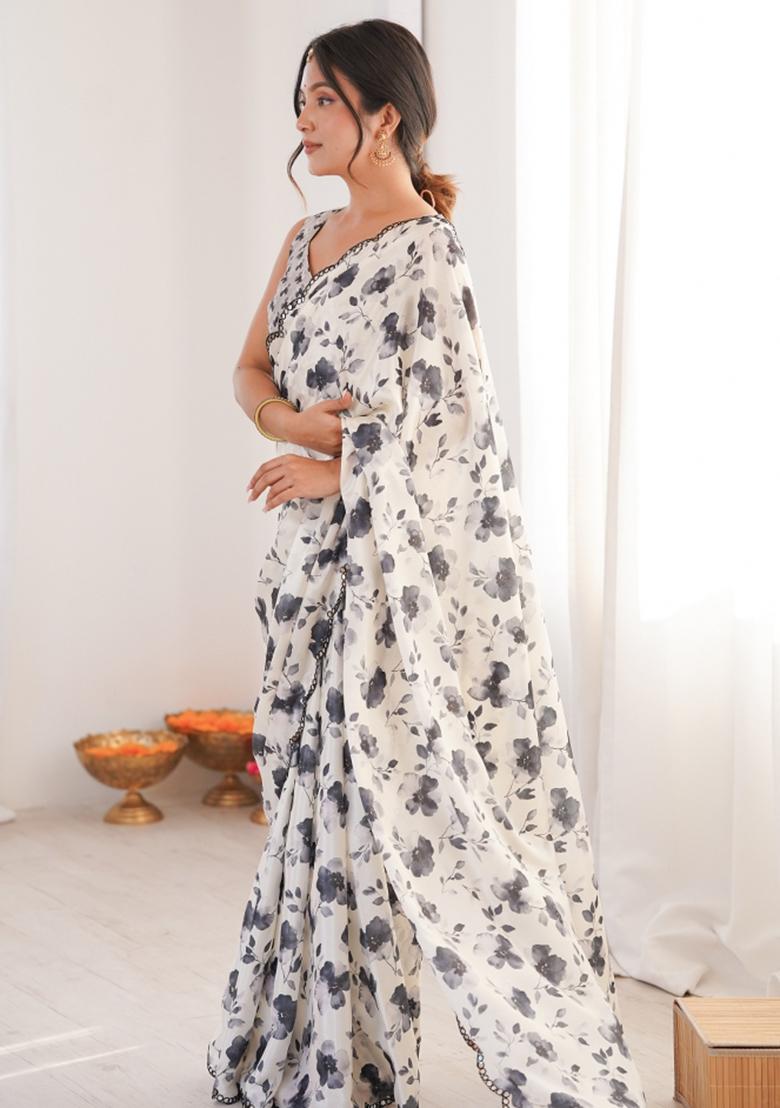 White Printed Chinon Saree Set - Indya