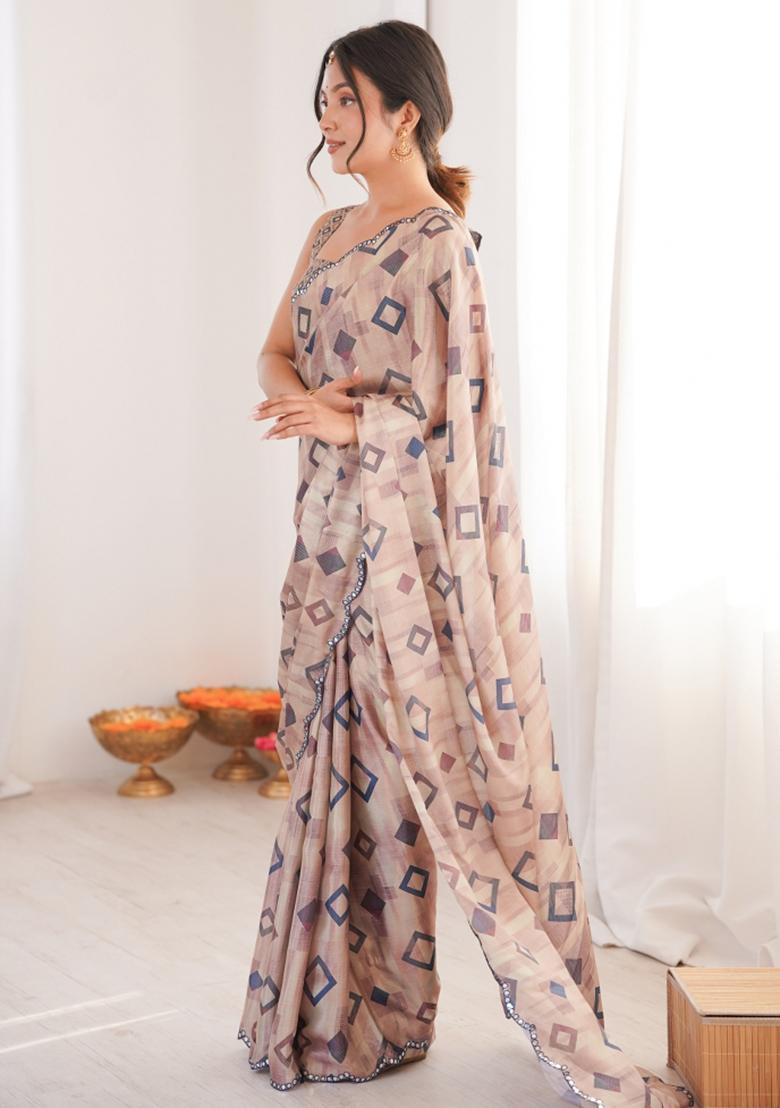 Brown Printed Chinon Saree Set - Indya