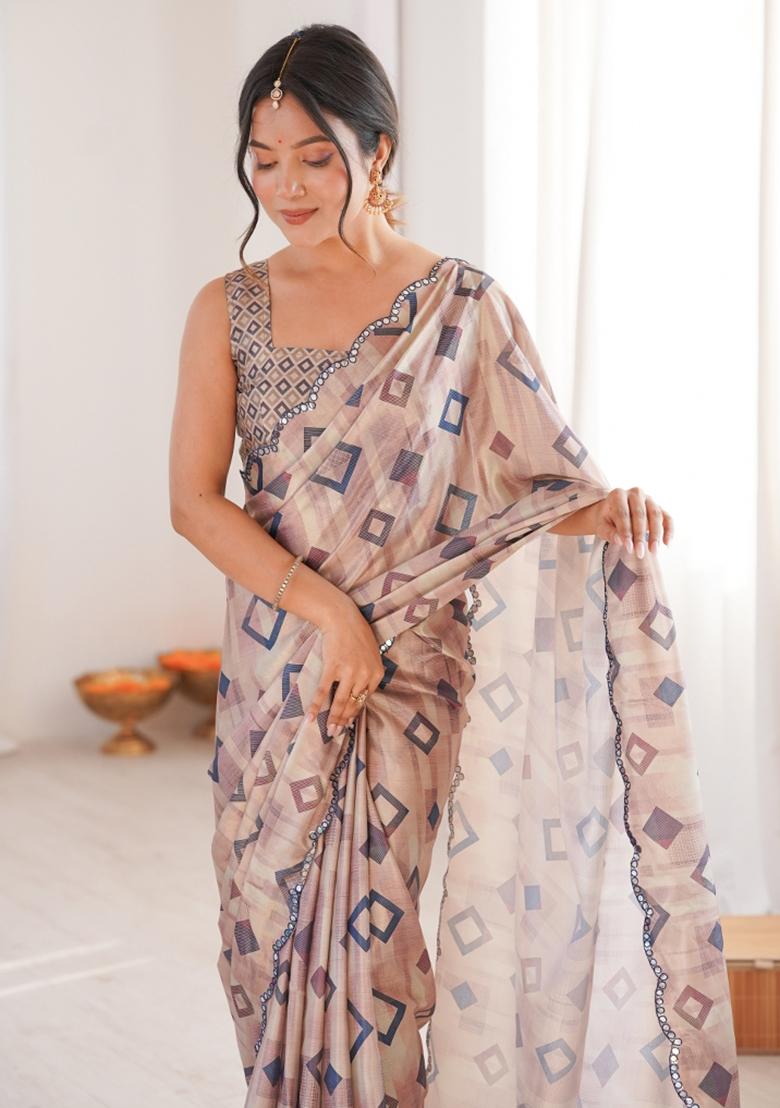Brown Printed Chinon Saree Set - Indya