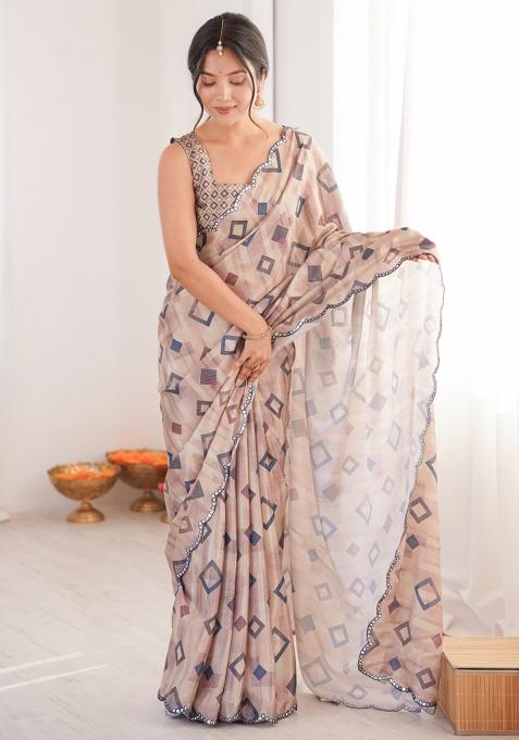 Brown Printed Chinon Saree Set