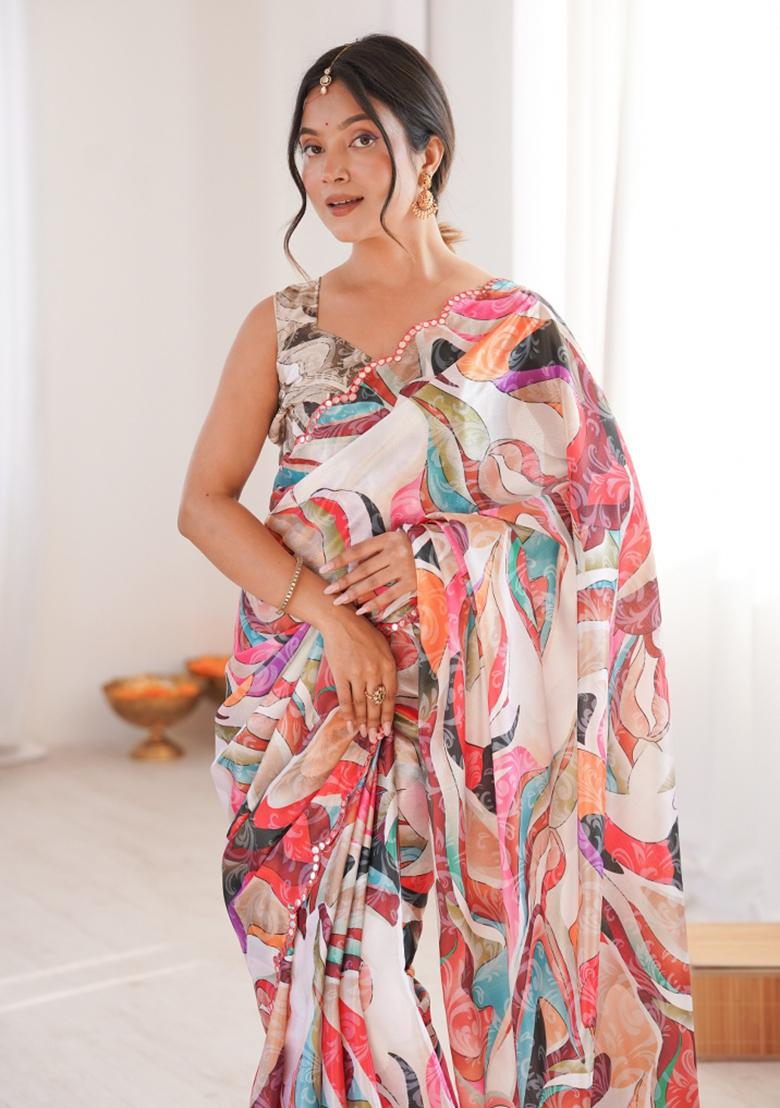 Multicolor Printed Chinon Saree Set - Indya