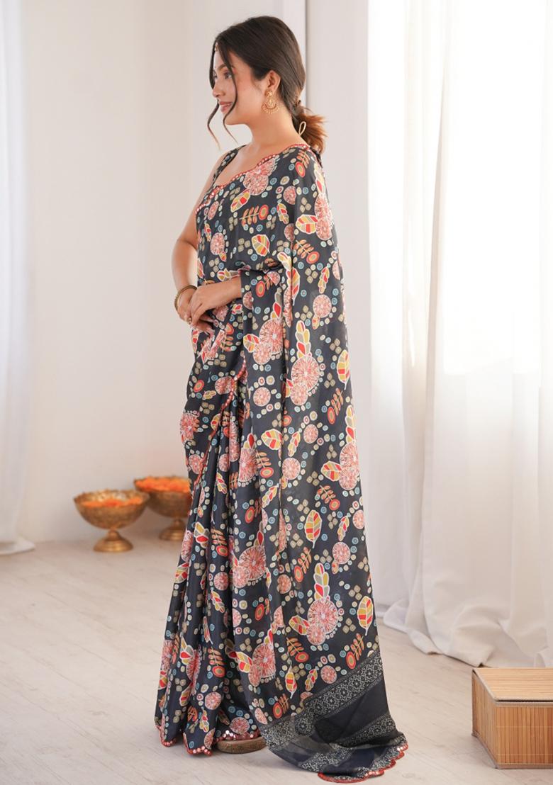 Grey Printed Chinon Saree Set - Indya