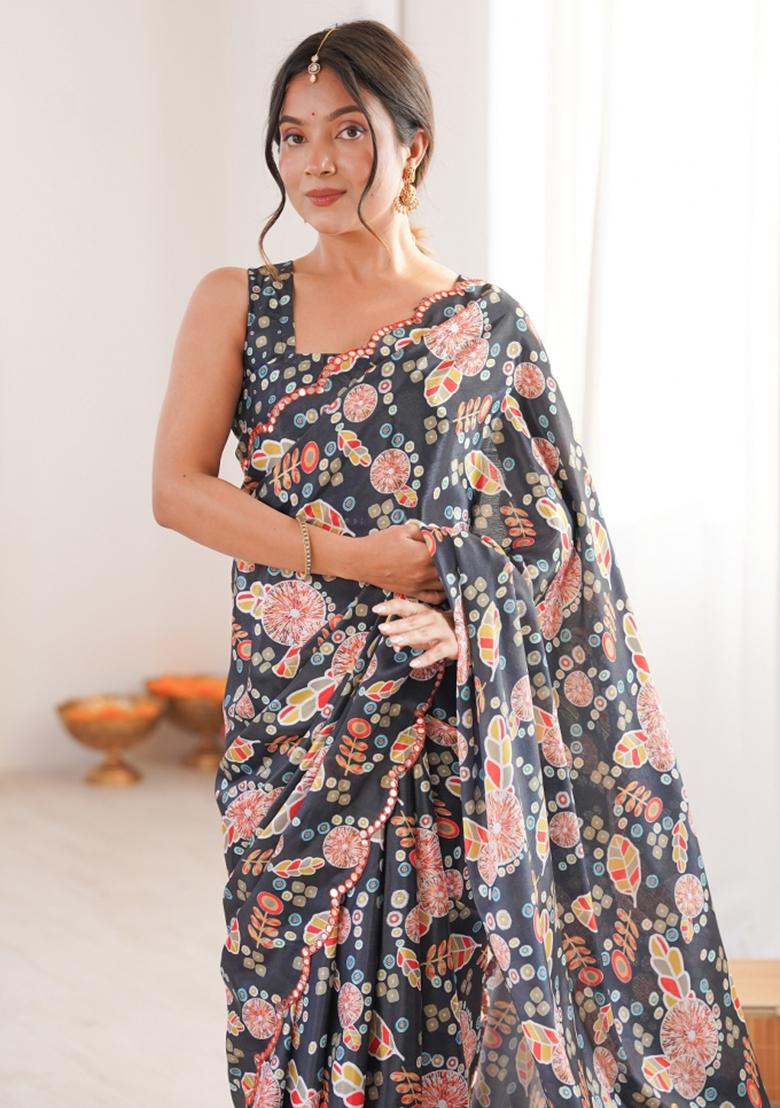 Grey Printed Chinon Saree Set - Indya