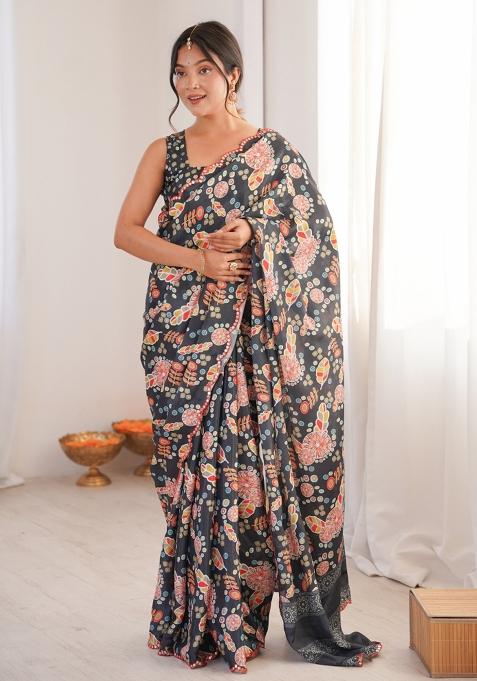 Grey Printed Chinon Saree Set