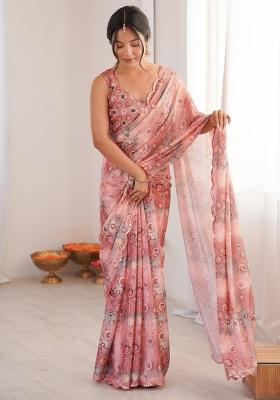 Peach Printed Chinon Saree Set