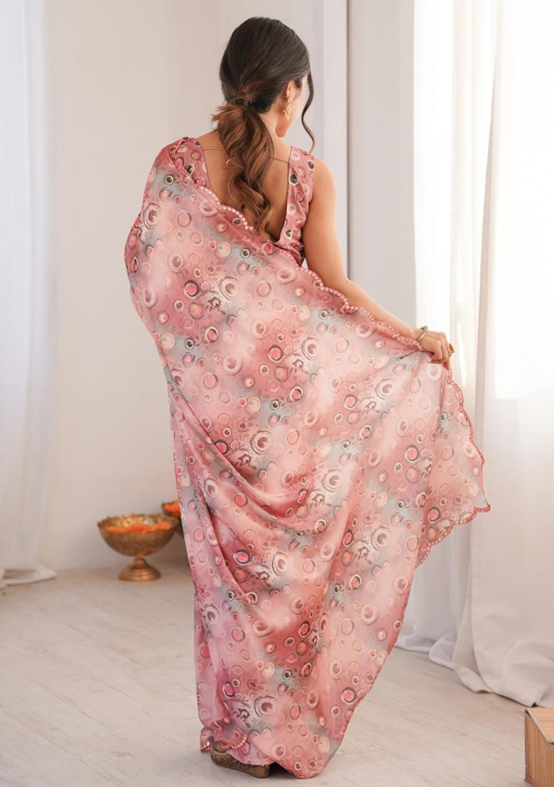 Peach Printed Chinon Saree Set - Indya