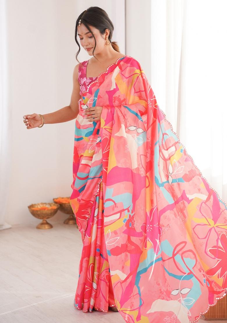Pink Printed Chinon Saree Set - Indya