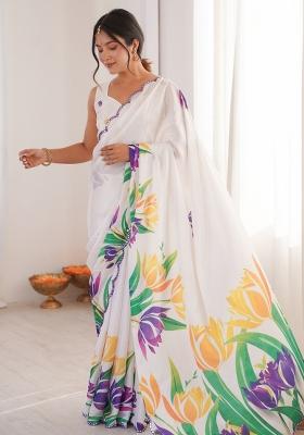 White Printed Chinon Saree Set