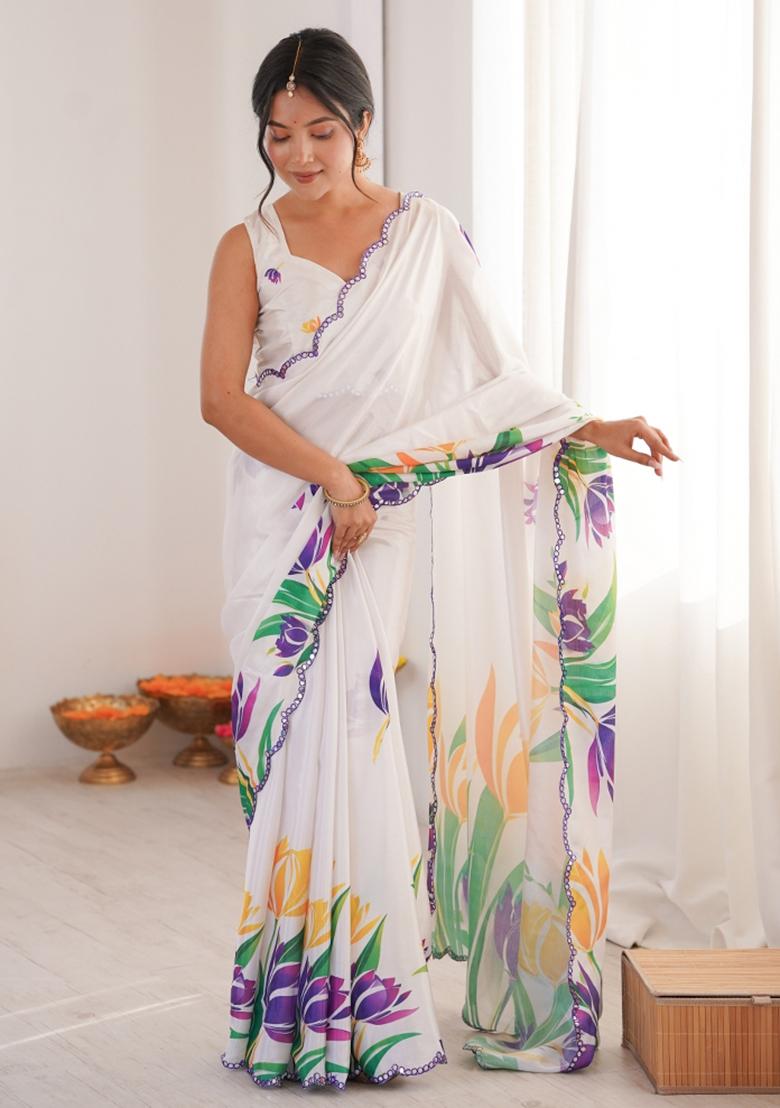 White Printed Chinon Saree Set - Indya