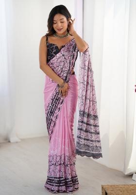 Pink Printed Chinon Saree Set