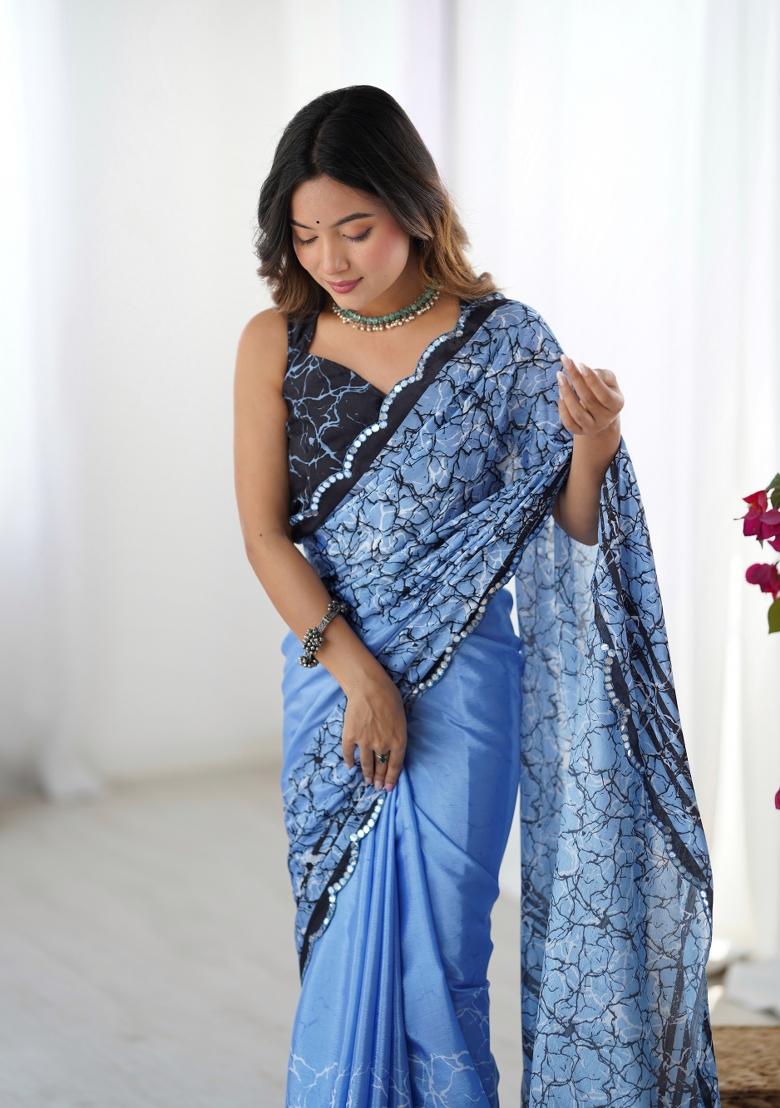 Blue Printed Chinon Saree Set - Indya