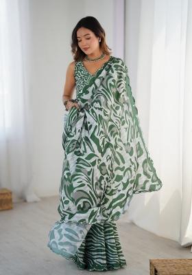 Green Printed Chinon Saree Set