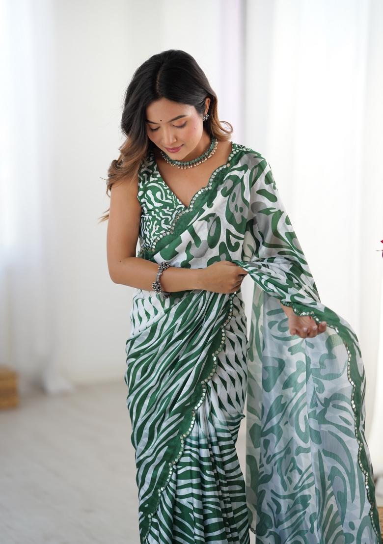 Green Printed Chinon Saree Set - Indya