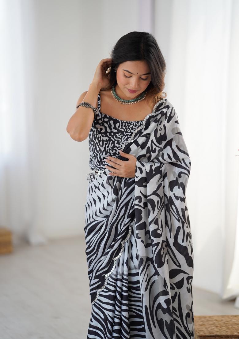 Black Printed Chinon Saree Set - Indya