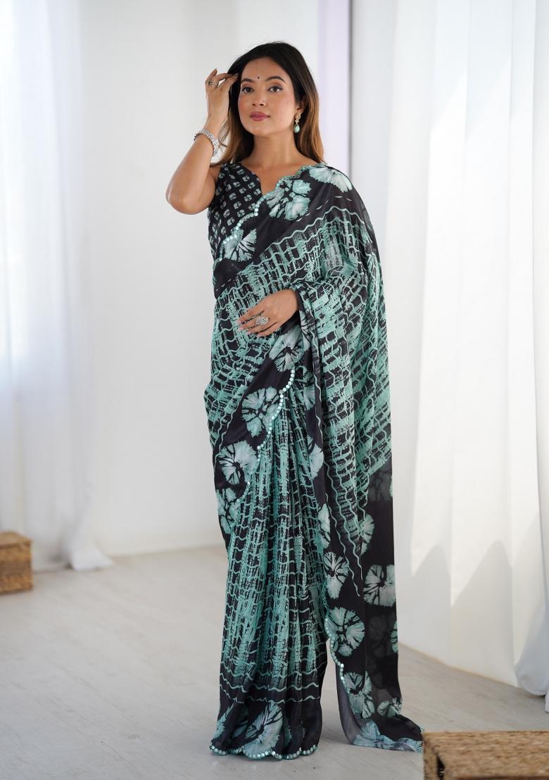 Black Printed Chinon Saree Set - Indya