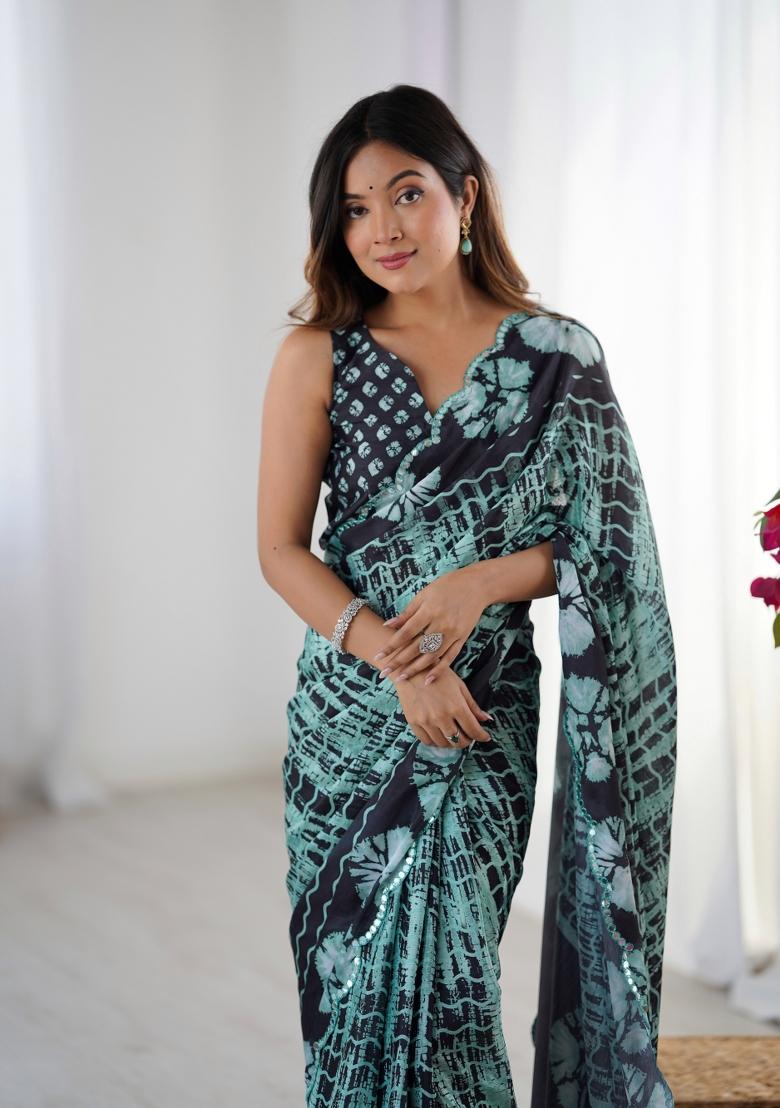 Black Printed Chinon Saree Set - Indya
