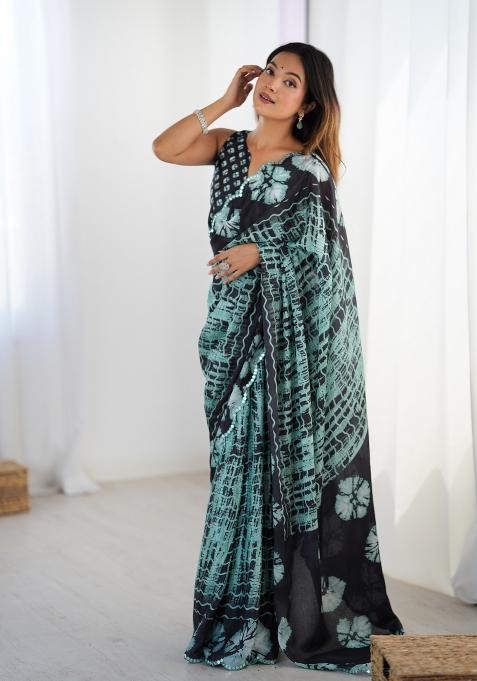 Black Printed Chinon Saree Set — view on Indya