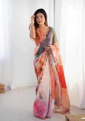Multicolor Printed Chinon Saree Set