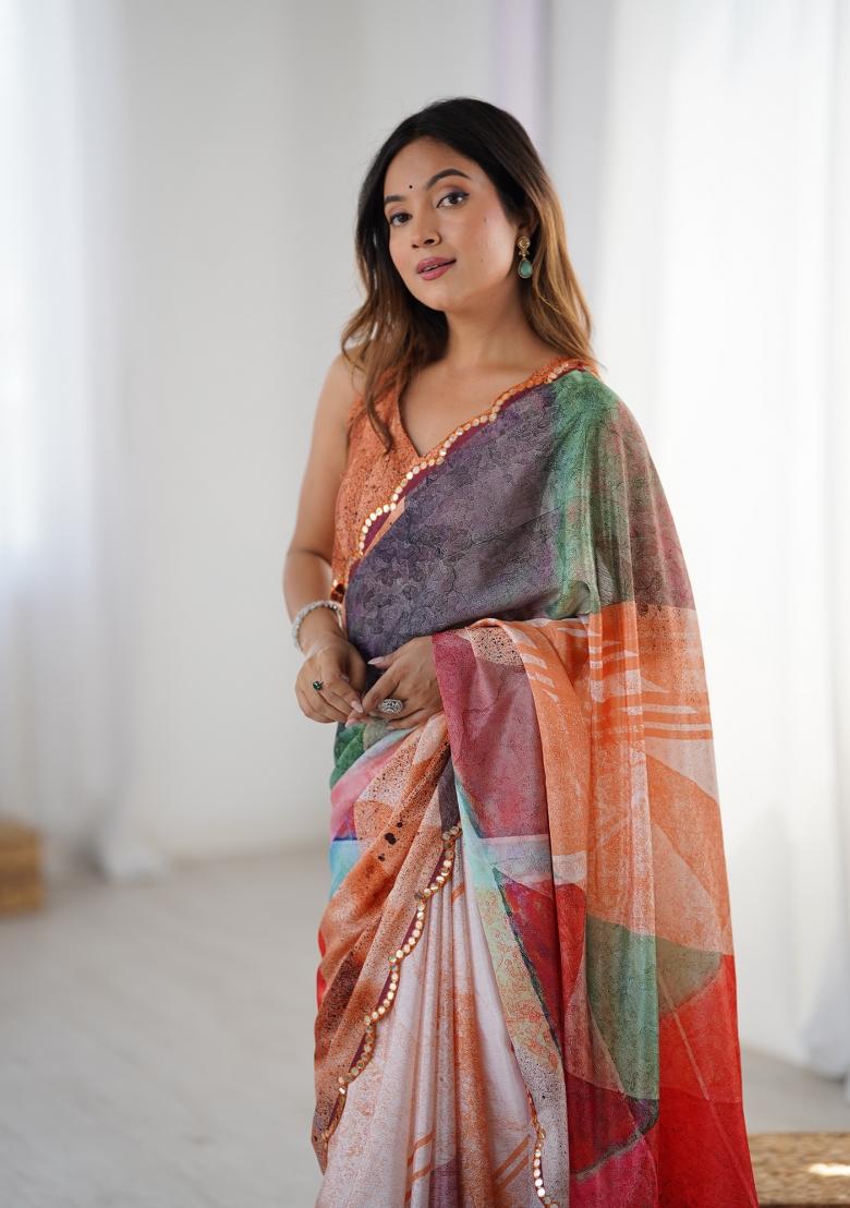 Multicolor Printed Chinon Saree Set - Indya