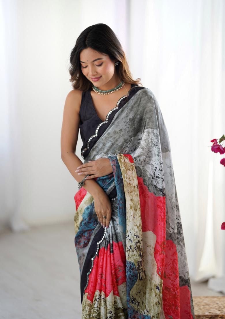 Grey Printed Chinon Saree Set - Indya