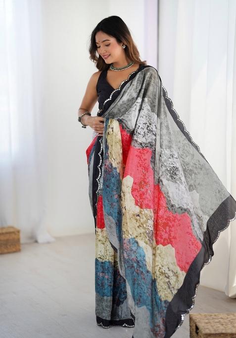Grey Printed Chinon Saree Set