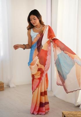 Multicolor Printed Chinon Saree Set