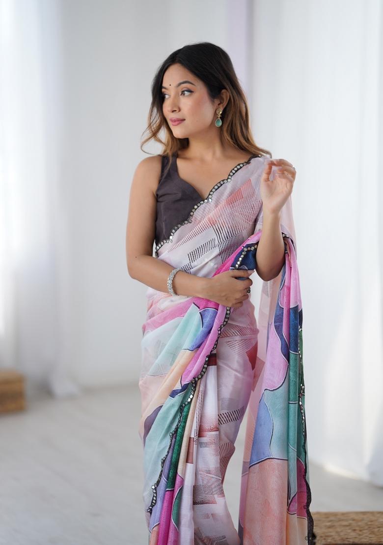 Multicolor Printed Chinon Saree Set - Indya
