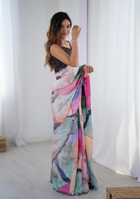 Multicolor Printed Chinon Saree Set — view on Indya