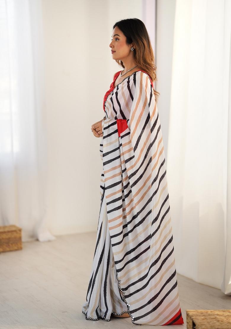 White Printed Chinon Saree Set - Indya