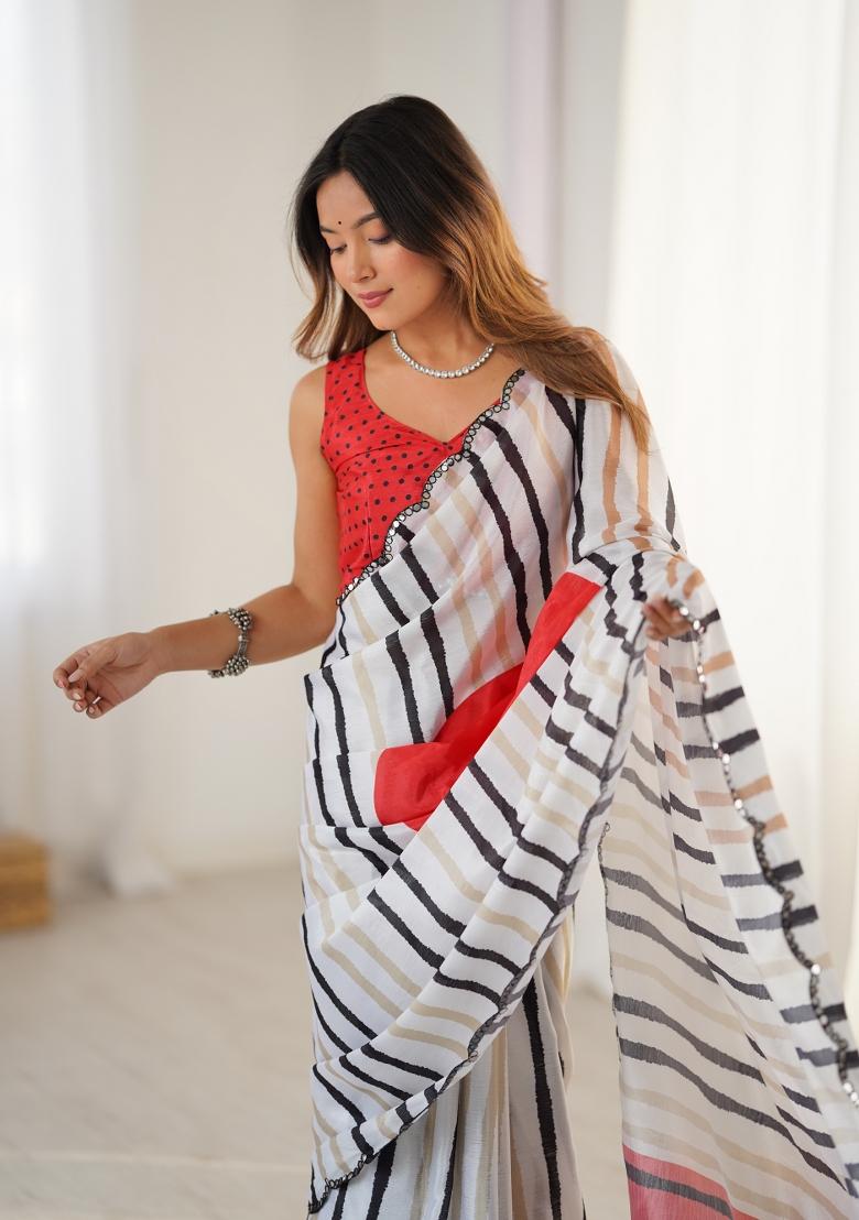 White Printed Chinon Saree Set - Indya