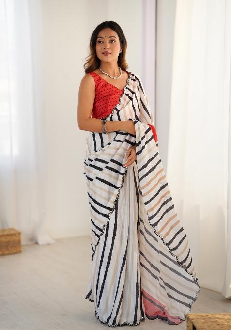 White Printed Chinon Saree Set