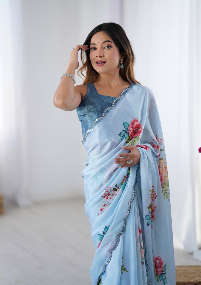 Blue Printed Chinon Saree Set - Indya