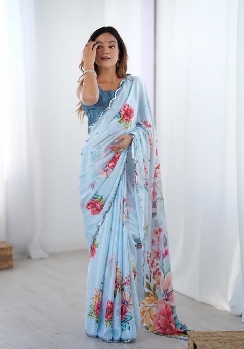 Blue Printed Chinon Saree Set